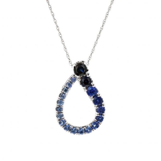 14K White Gold Multi Blue Sapphire Ombre Teardrop Pendant, 18"