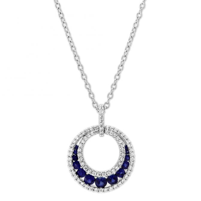 Round Sapphire & Diamond Circle Pendant in White Gold, 18"