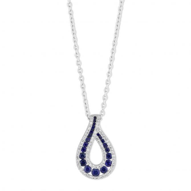 14K White Gold Sapphire & Diamond Ribbon Pendant, 18"