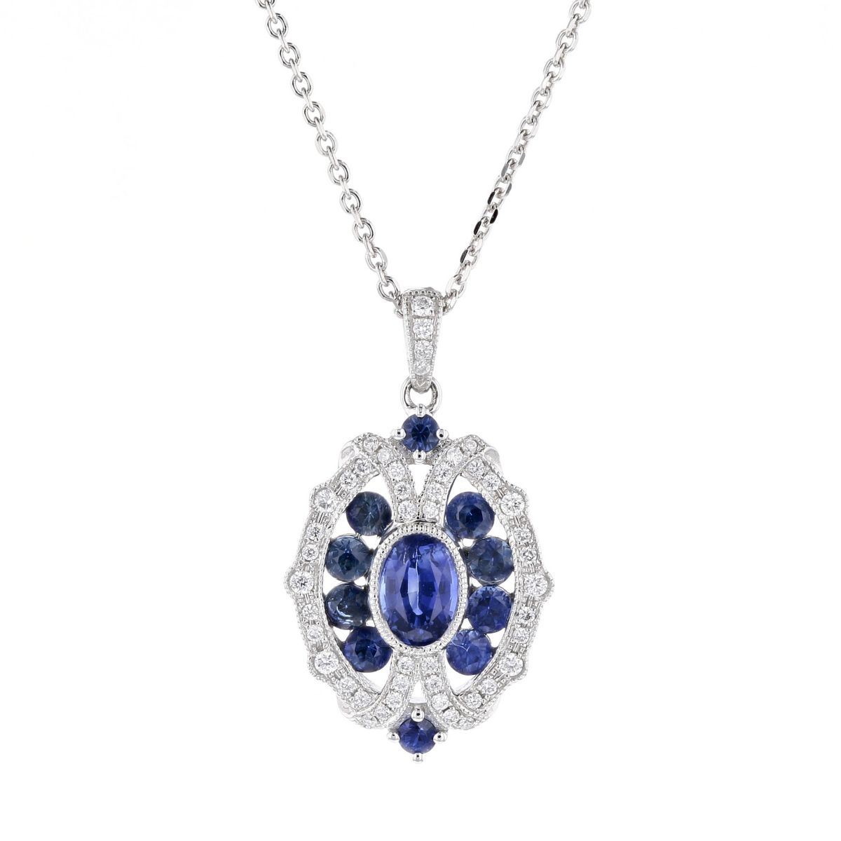 14K White Gold Sapphire & Diamond Milgrain Ornamental Pendant, 18 ...