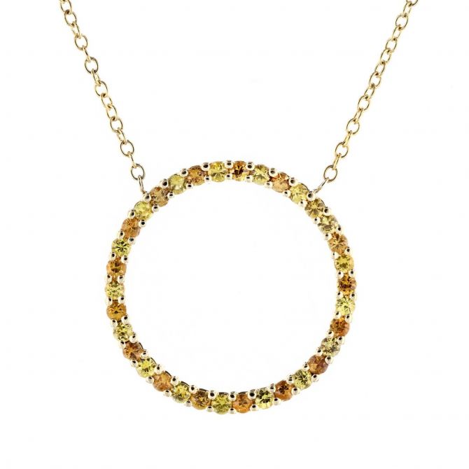 18K Yellow Gold Orange & Yellow Sapphire Open Circle Necklace, 16"