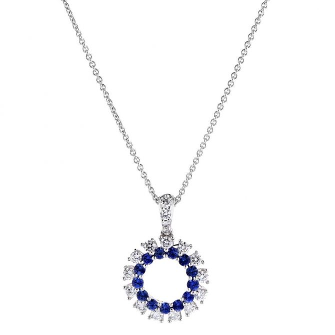 14K White Gold Sapphire & Diamond Dangle Pendant, 18"