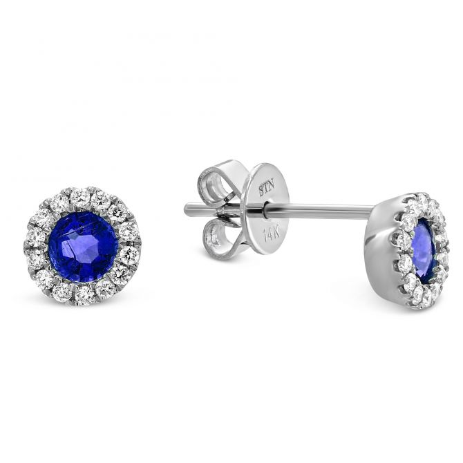 Round Sapphire & Diamond Earrings in White Gold