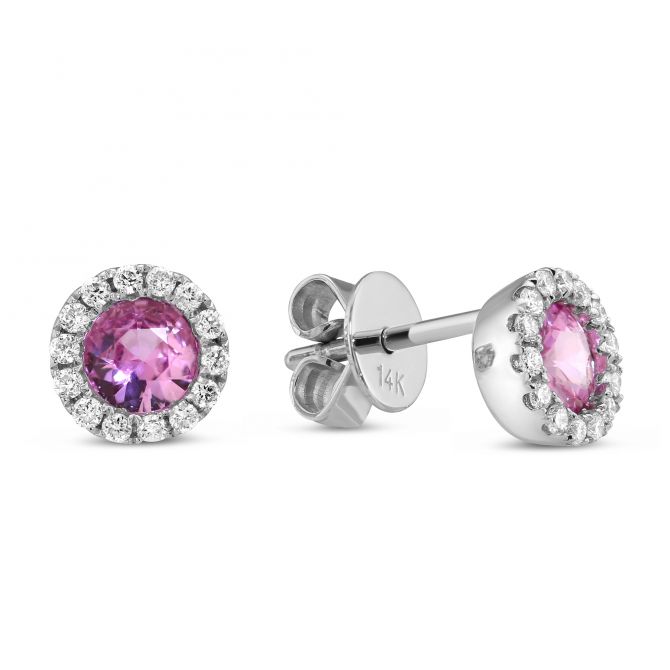 Round Pink Sapphire & Diamond Earrings in White Gold