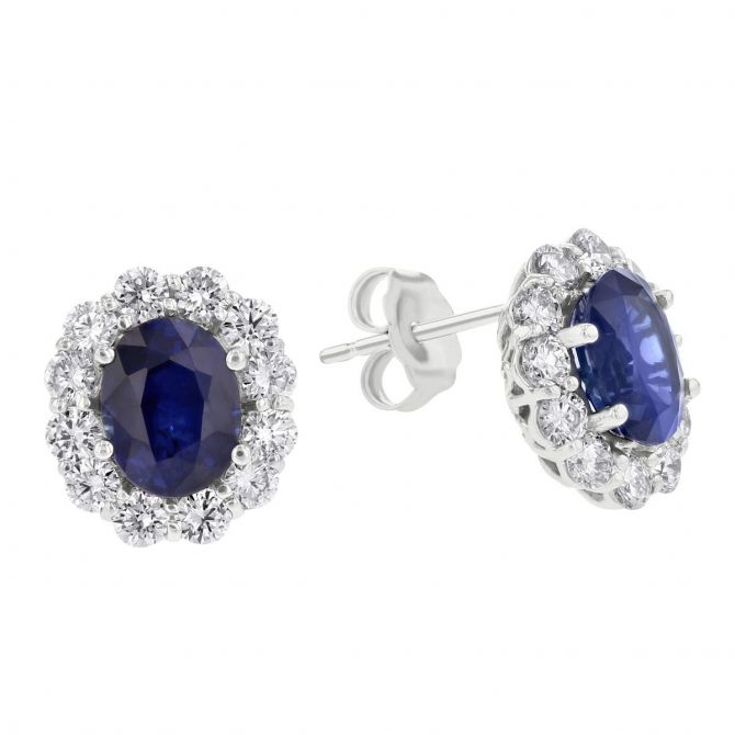 18K White Gold Oval Sapphire & Diamond Frame Post Earrings