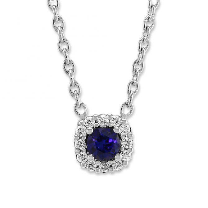 Round Sapphire & Diamond Halo Necklace in White Gold, 18"