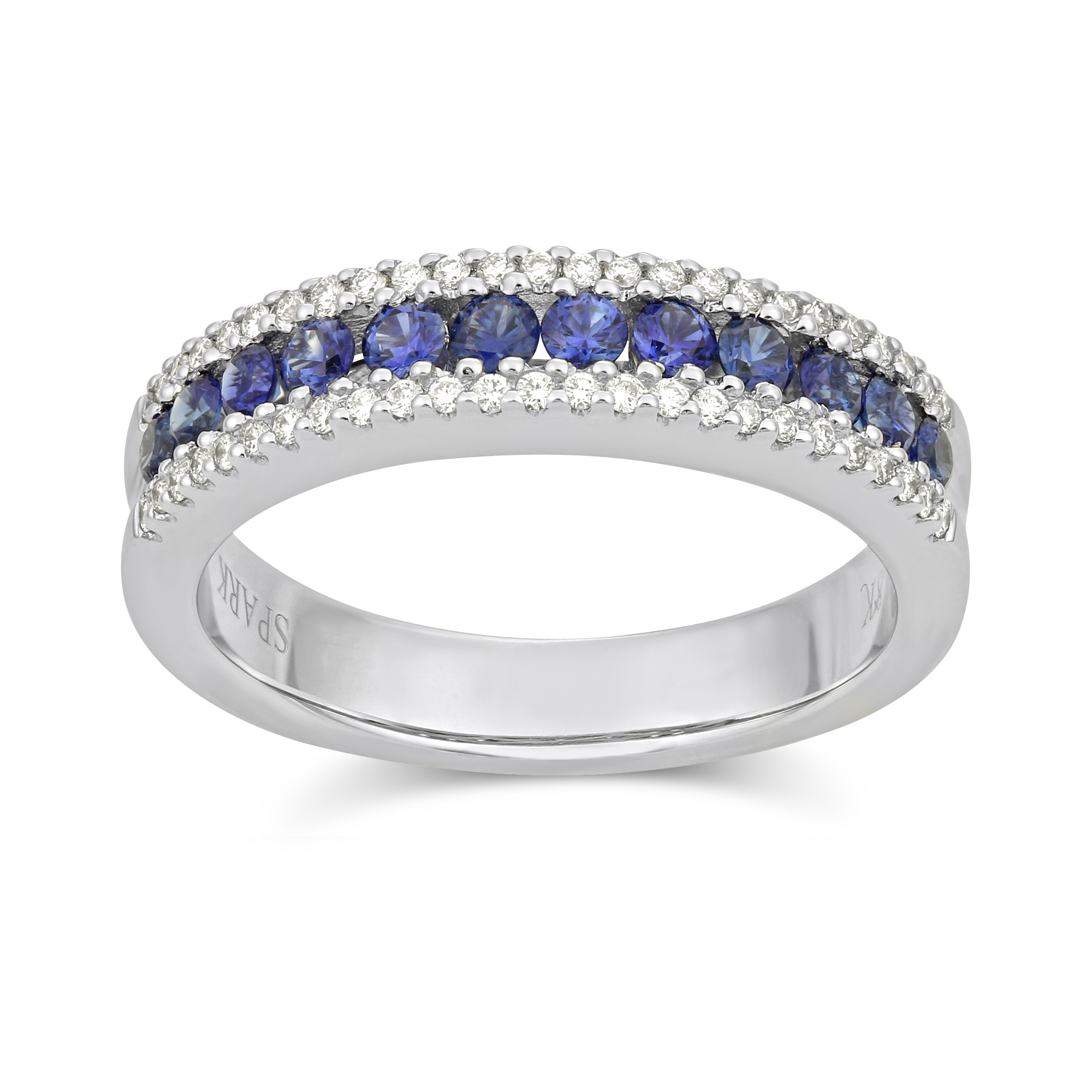 Round Sapphire & Diamond Three Row Ring In White Gold 