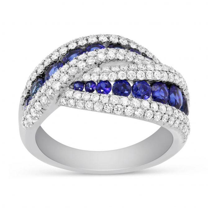 Round Sapphire & Diamond Crossover Ring in White Gold