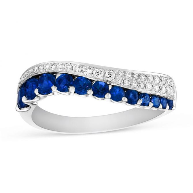 Sapphire & Diamond 2 Row Wave Ring in White Gold