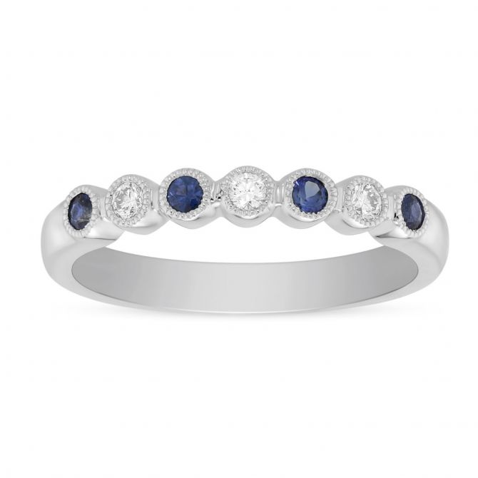 Round Sapphire &  Diamond Bezel Set Milgrain Ring in White Gold