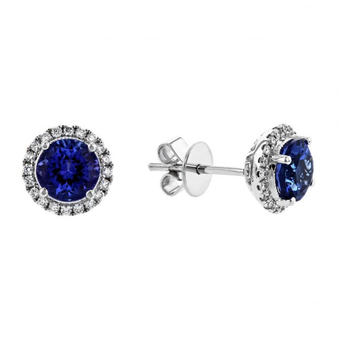 Round Tanzanite & Diamond Halo Post Earrings in White Gold