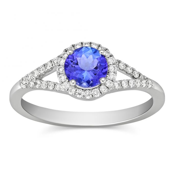 14K White Gold Round Tanzanite & Diamond Halo Split Shank Ring