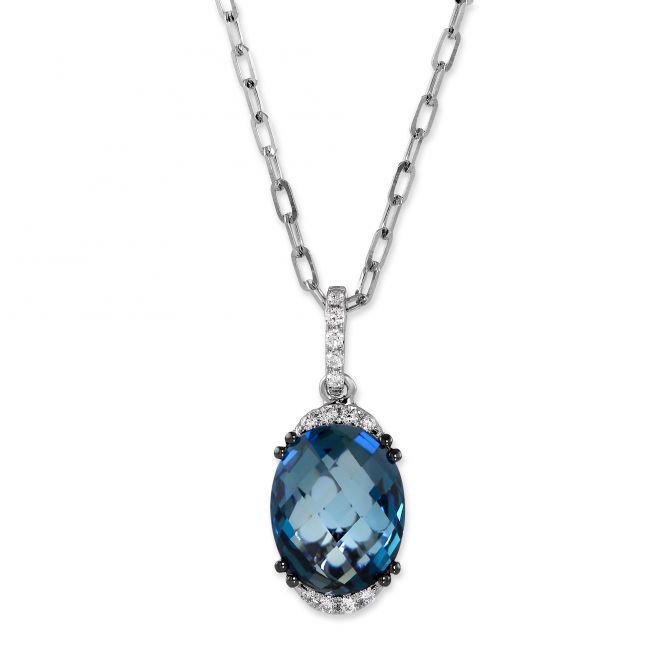 Oval Blue Topaz & Diamond Pendant in White Gold, 18"