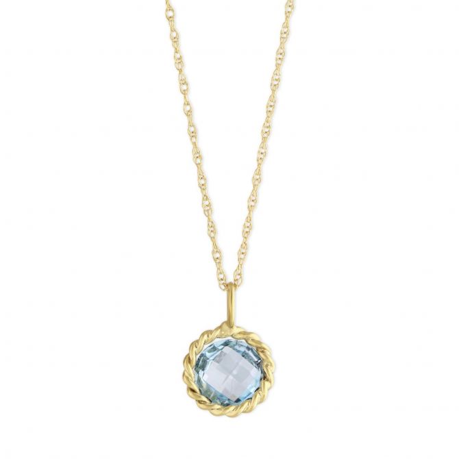 14K Yellow Gold Round Checkerboard Blue Topaz Twisted Bezel Pendant, 18"