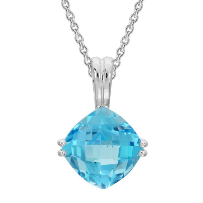 14K White Gold Checkerboard Cushion Blue Topaz Pendant, 18"