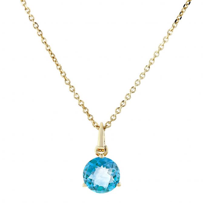 14K Yellow Gold Round Blue Topaz Solitaire Pendant, 18"