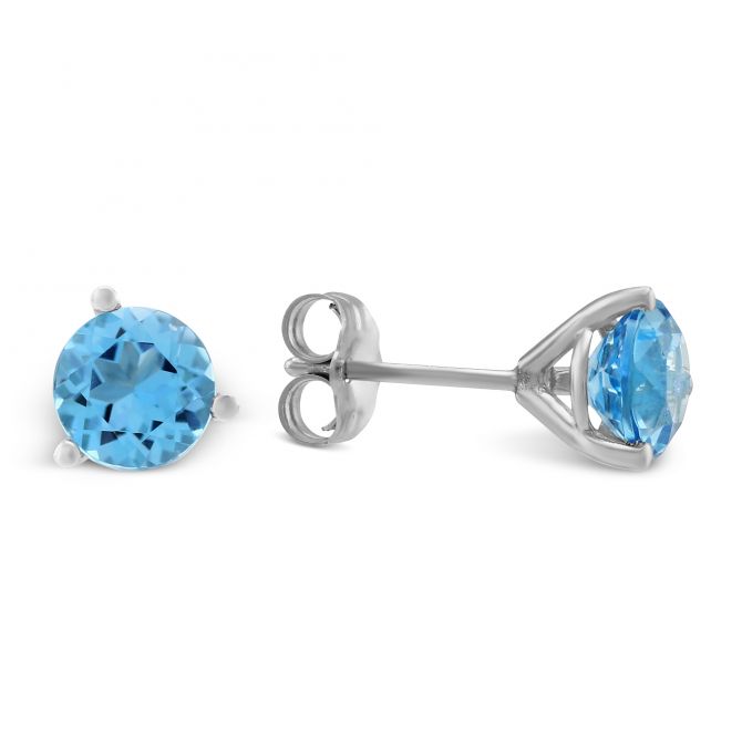 14K White Gold Round Blue Topaz Stud Earrings, 6mm