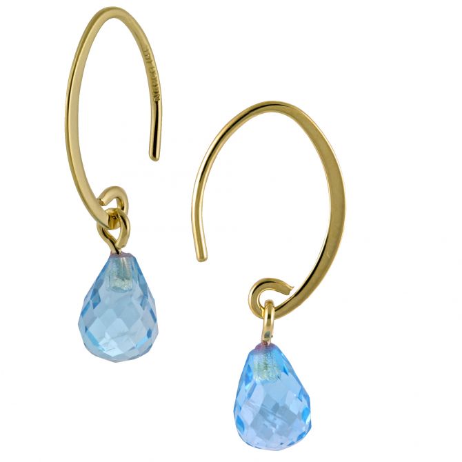 14K Yellow Gold Blue Topaz Briolette Small Simple SweepDrop Earrings