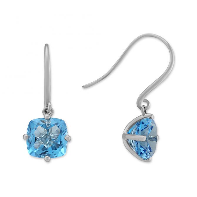 14K White Gold Cushion Blue Topaz Dangle Earrings