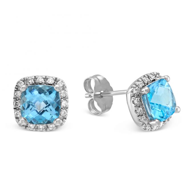 14K White Gold Checkerboard Cushion Blue Topaz and Round Diamond Earrings