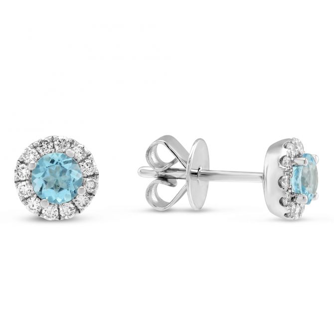 14K White Gold Round Blue Topaz & Diamond Halo Earrings