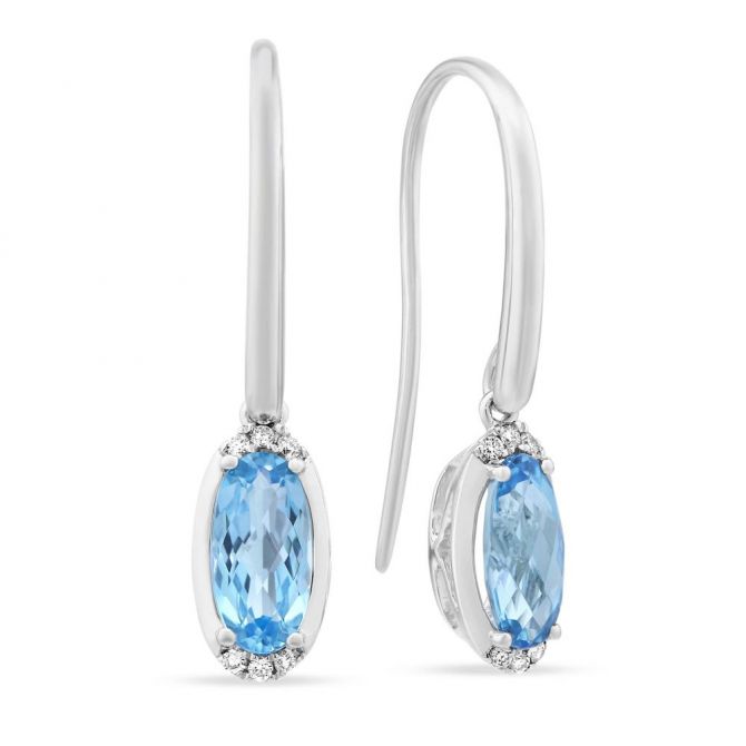 14K White Gold Checkerboard Oval Light Blue Topaz and Diamond Drop Earrings