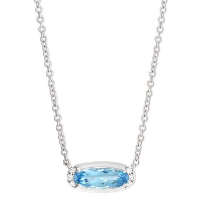 14K White Gold Oval Blue Topaz & Diamond East West Necklace, 18"