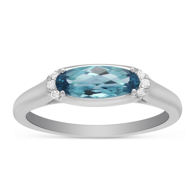 14K White Gold East West Oval Blue Topaz & Diamond Ring