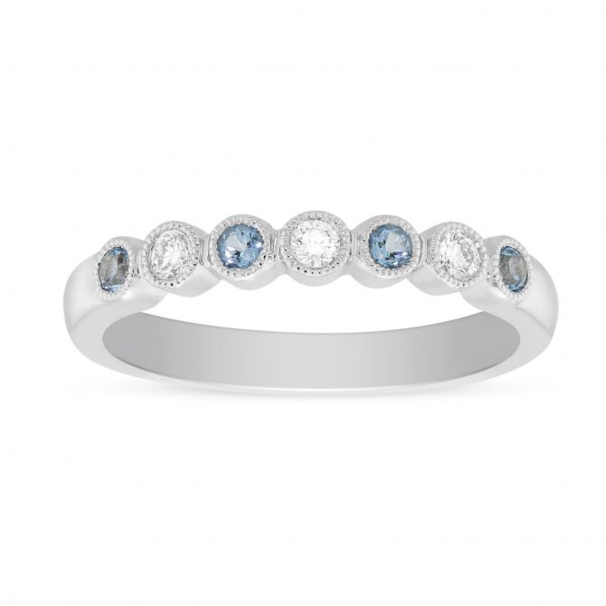 14K White Gold Round Blue Topaz & Diamond Bezel Set Milgrain Ring