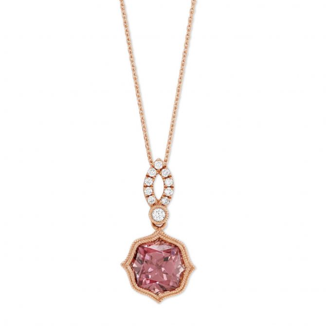 14K Rose Gold Pink Zircon and Round Diamond Pendant