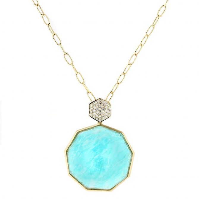 Doves 18K Yellow Gold Clear Quartz & Amazonite Doublet Nonagon Pendant with Diamond Accent, 16"