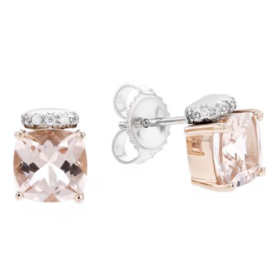 14k Rose White Gold Cushion Morganite Diamond Post Earrings