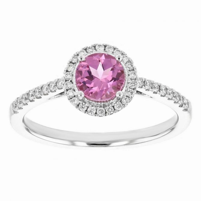 Pink Spinel Diamond Halo & Side Stone Ring in White Gold