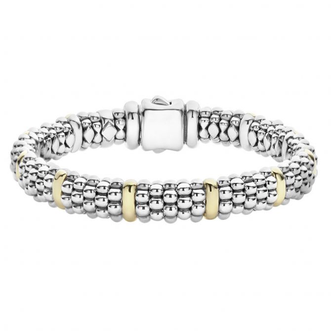 LAGOS Sterling Silver & 18K Yellow Gold Station Signature Caviar Beaded Bracelet, 7"