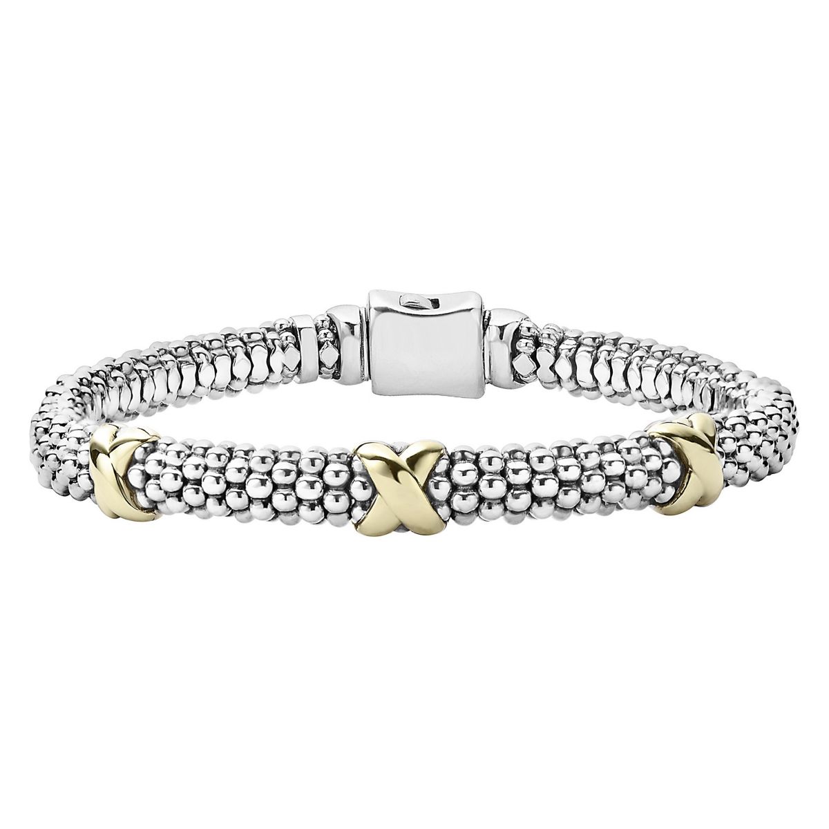 LAGOS Sterling Silver Caviar Bracelet with 3 18K Yellow Gold X Stations ...