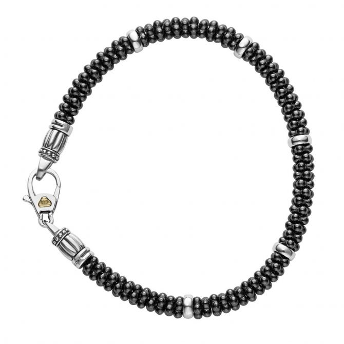 LAGOS Sterling Silver and 18K Yellow Gold Black Ceramic Caviar 5 Station Bracelet, 7"