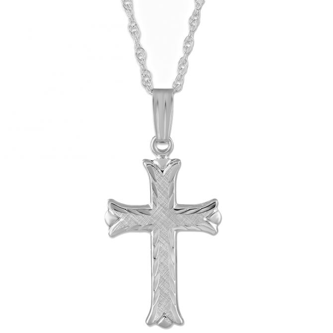 14K White Gold Cross Pendant, 18"