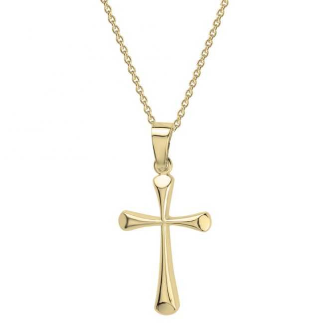 Yellow Gold Cross Pendant With Beveled Edge, 16-18"