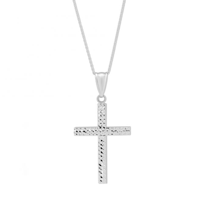 14K White Gold Square Tube Patterned Cross Pendant