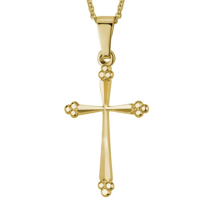 14K Yellow Gold Budded Cross Pendant, 18"