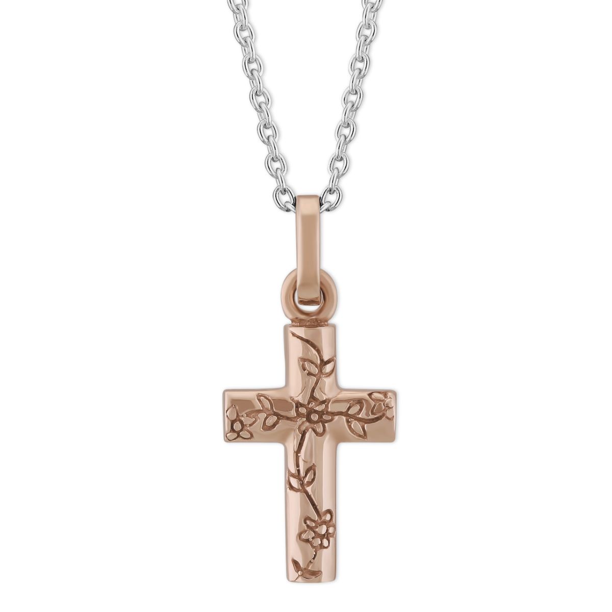 Rose Tone Sterling Silver Small Engraved Floral Cross Pendant