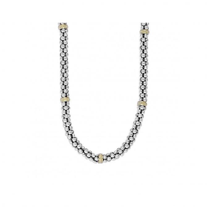 LAGOS Sterling Silver Caviar Rope Necklace with 18K Yellow Gold Stations, 18"