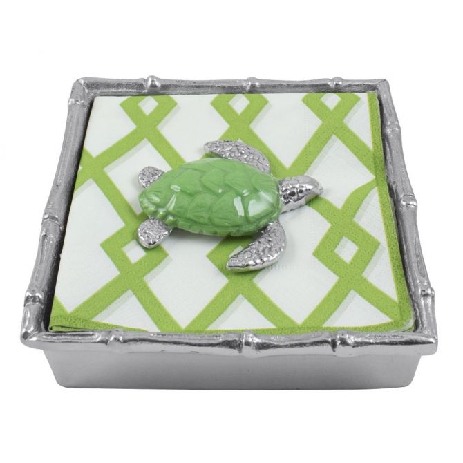 Mariposa Bamboo Napkin Box with Green Turtle Weight & Napkins