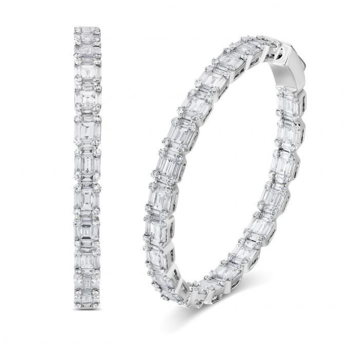 18K White Gold Round And Baguette Diamond Hoop Earrings, 4.87 aptw