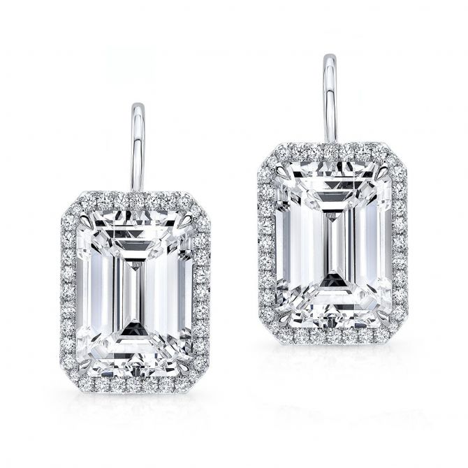 18K White Gold Emerald Cut Earrings with Diamond Halo