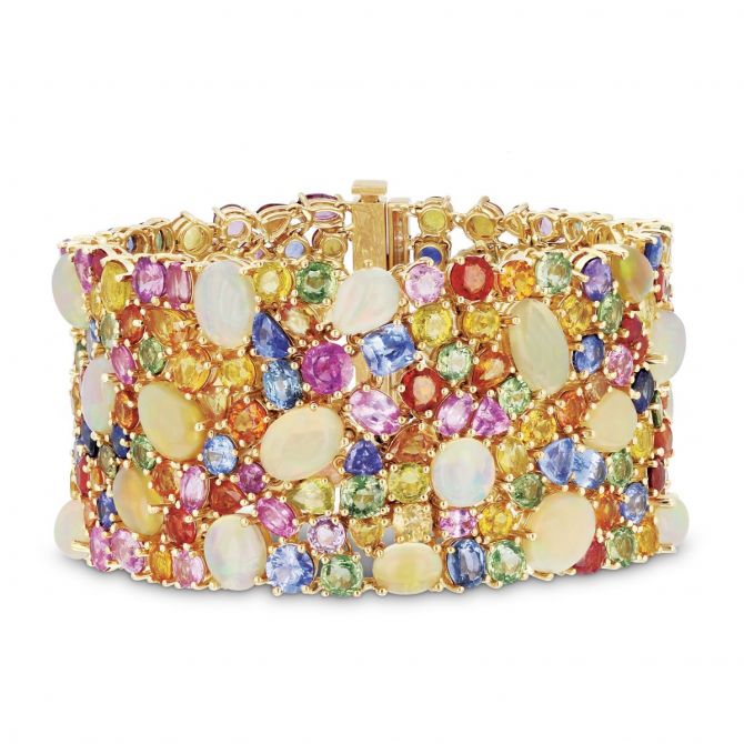 18K Yellow Gold Multicolor Sapphire, Opal & Diamond Bracelet, 7.25"