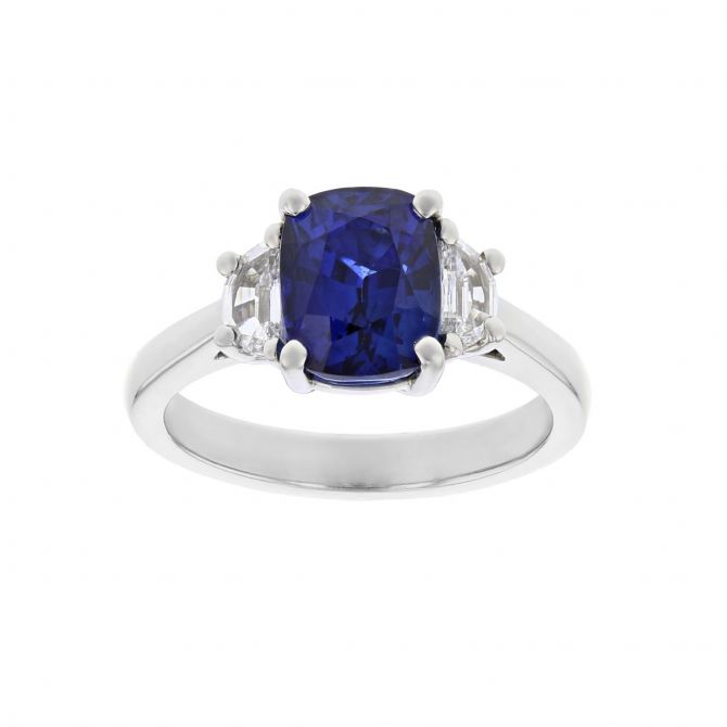 Platinum Cushion Sapphire & Half Moon Diamond Ring