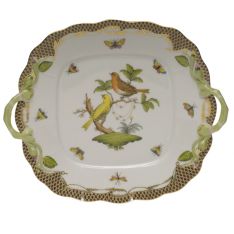 Herend Rothschild Bird Brown Border Square Cake Plate with Handles