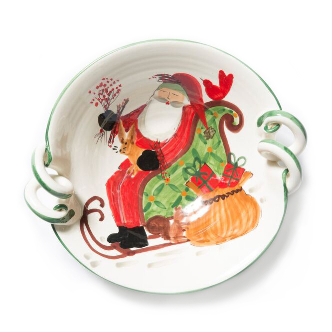 Vietri Old St. Nick Scalloped Handled Bowl with Sleigh