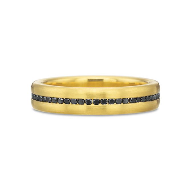 18K Yellow Gold Black Diamond Channel Set Double Dome Eternity Band, Size 10